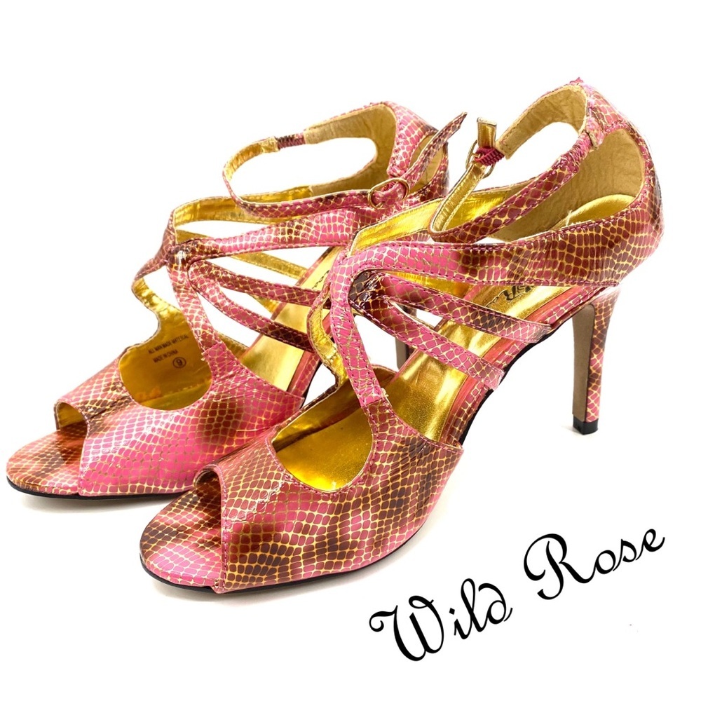 Wild Rose pink and gold faux snakeskin heels